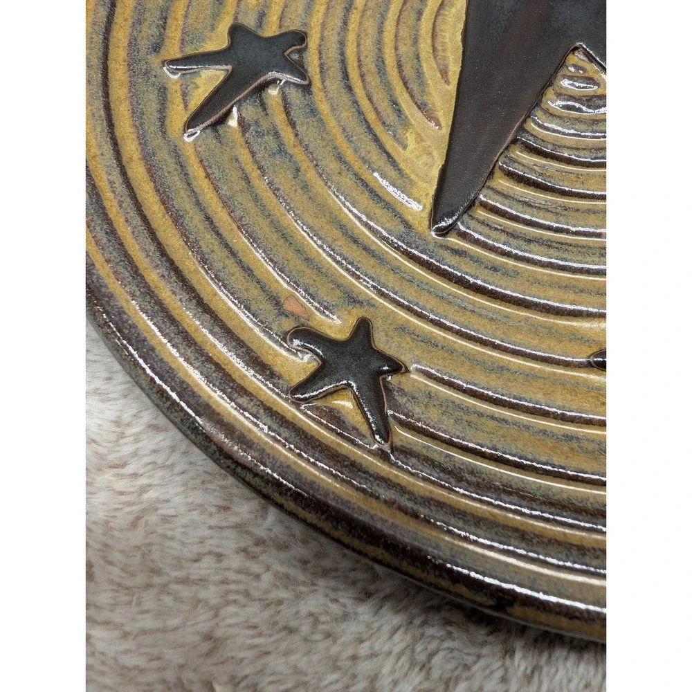 Honey and Me Primitive Pottery Plate Brown Tan Star Celestial Folk Art 8 Inch